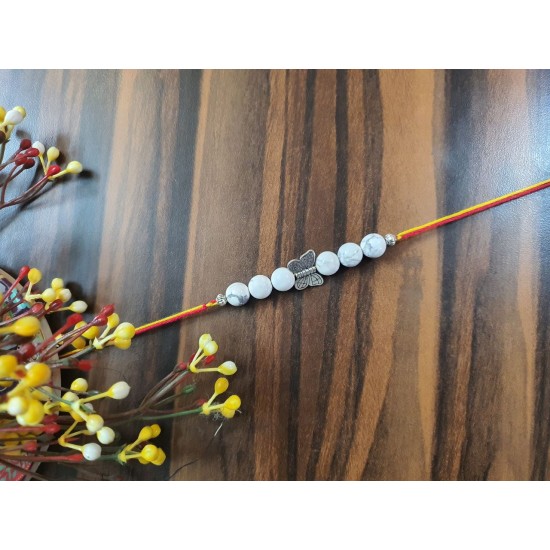 CRYSTAL Rakhi With Howlite Beads with Butterfly charm in Thread