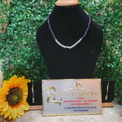 Amethyst with Rose Quartz with Clear Quartz CRYSTAL Beads Necklace with Earrings