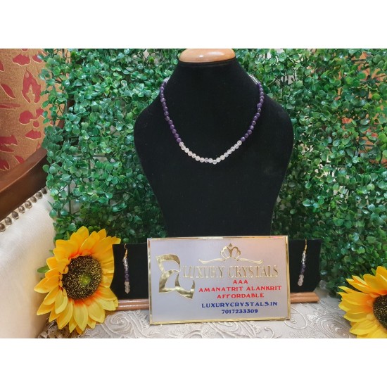 Amethyst with Rose Quartz with Clear Quartz CRYSTAL Beads Necklace with Earrings