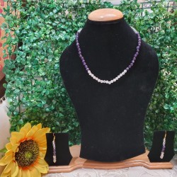 Amethyst with Rose Quartz with Clear Quartz CRYSTAL Beads Necklace with Earrings