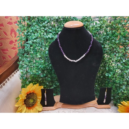 Amethyst with Rose Quartz with Clear Quartz CRYSTAL Beads Necklace with Earrings