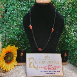 Black Onyx CRYSTAL Chips with Sunstone Beads Necklace with Earrings