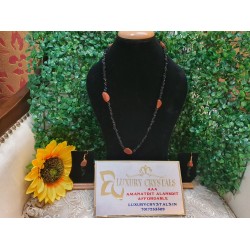 Black Onyx CRYSTAL Chips with Sunstone Beads Necklace with Earrings