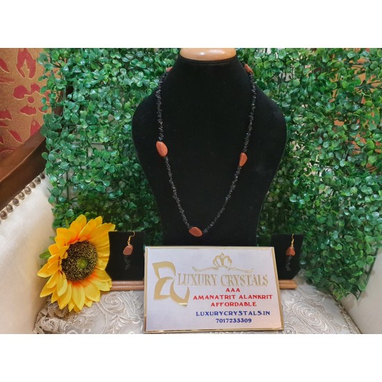 Black Onyx CRYSTAL Chips with Sunstone Beads Necklace with Earrings