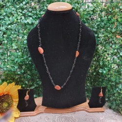 Black Onyx CRYSTAL Chips with Sunstone Beads Necklace with Earrings
