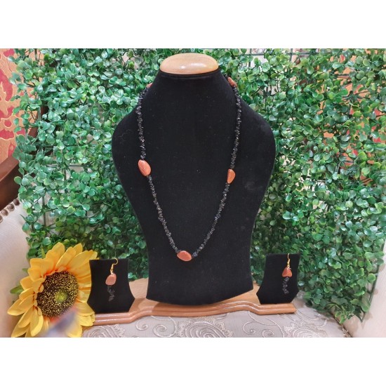 Black Onyx CRYSTAL Chips with Sunstone Beads Necklace with Earrings