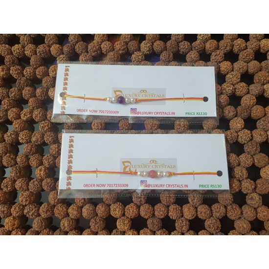 Strawberry Quartz CRYSTAL Rakhi with Pearl and  AMETHYST CRYSTAL RAKHI WITH PEARL