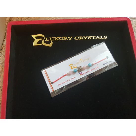 CRYSTAL Rakhi With Rose Quartz and Turquoise Beads in Thread