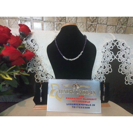 Clear Quartz CRYSTAL Necklace with Amethyst and Rose Quartz Necklace with Earrings