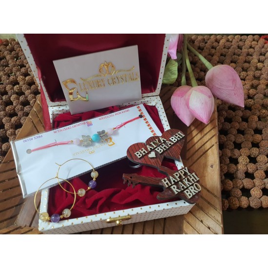 GIFT COMBO OFFER  ROSE QUARTZ CRYSTAL RAKHI WITH TURQUOISE AND AMETHYST AND CITRINE CRYSTAL EARRINGS