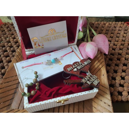 Gift combo offer  Rose quartz crystal Rakhi with Turquoise and Unakite CRYSTAL Earrings