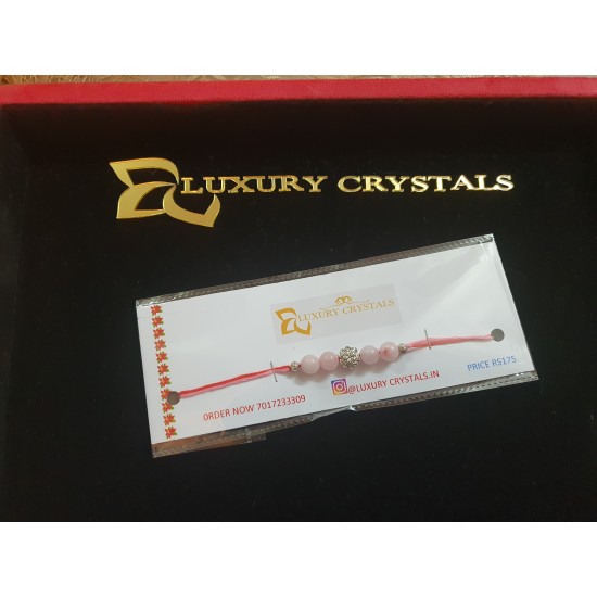 CRYSTAL Rakhi Rose Quartz with Silver Charms in Thread