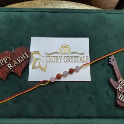 CRYSTAL Rakhi With Rose Quartz and Red Jasper CRYSTAL Beads in Thread With golden Charm beads