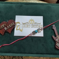 CRYSTAL Rakhi  Rose Quartz with Turquoise with Silver Charms in Thread