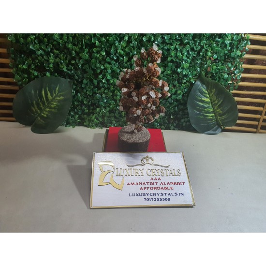 RUDRAKSH WITH CLEAR QUARTZ CRYSTAL TREE WITH WOODEN BASE