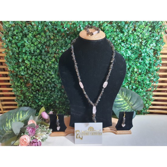 Smoky Quartz crystal with Rose Quartz Crystal Necklace with Earrings
