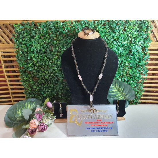 Smoky Quartz crystal with Rose Quartz Crystal Necklace with Earrings