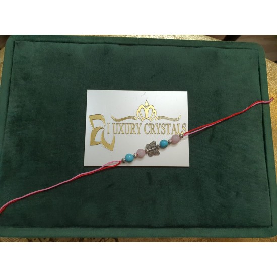CRYSTAL Rakhi With Rose Quartz and Turquoise Beads in Thread