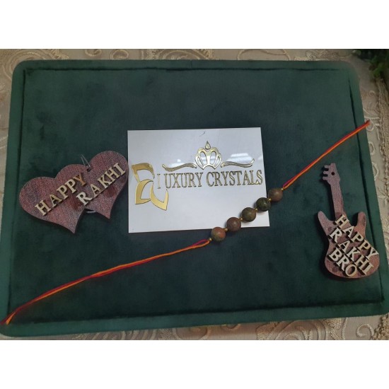 CRYSTAL Rakhi With Unakite CRYSTAL Beads with Golden Charm beads in Thread