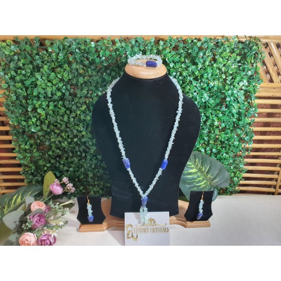 AQUAMARINE CRYSTAL with Lapis lazuli CRYSTAL Necklace with Earrings 