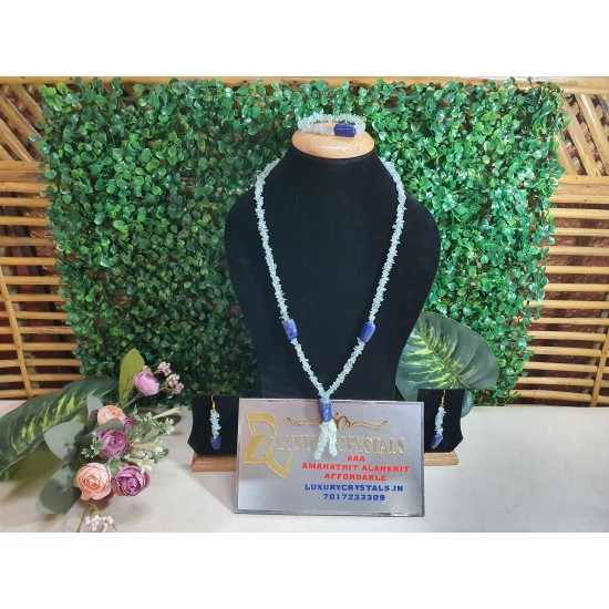 AQUAMARINE CRYSTAL with Lapis lazuli CRYSTAL Necklace with Earrings 