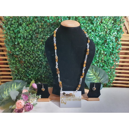 Tiger Eye CRYSTAL with CLEAR QUARTZ Crystal Necklace with Earrings