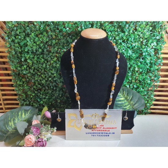 Tiger Eye CRYSTAL with CLEAR QUARTZ Crystal Necklace with Earrings