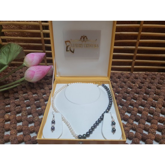 White Pearl with Black Pearl Necklace with Earrings