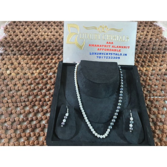 White Pearl with Black Pearl Necklace with Earrings