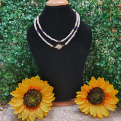 Pearl Necklace with With Lapis Lazuli Crystal beads with Golden Charms With Evil Eye Pendant