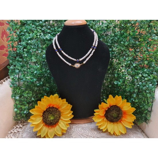 Pearl Necklace with With Lapis Lazuli Crystal beads with Golden Charms With Evil Eye Pendant