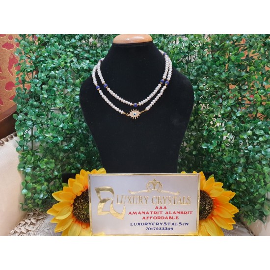 Pearl Necklace with With Lapis Lazuli Crystal beads with Golden Charms With Evil Eye Pendant